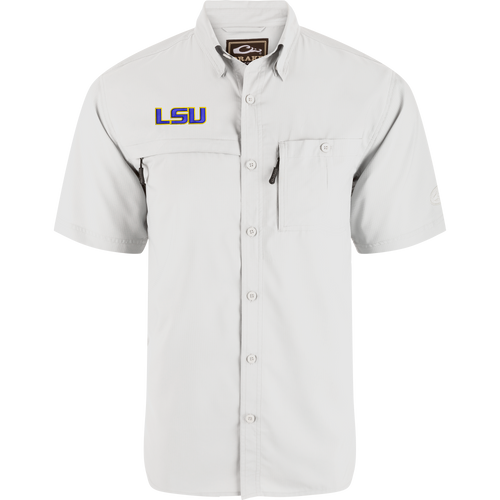 LSU 8-Shot Short Sleeve Shirt with vented cape back, zippered chest pockets, embroidered LSU logo, designed for moisture-wicking and sun protection, perfect for outdoor activities.