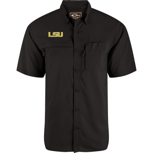 LSU 8-Shot Short Sleeve Shirt, black with gold LSU logo, featuring vented back, chest pockets with hidden zippers, and moisture-wicking, quick-drying fabric.