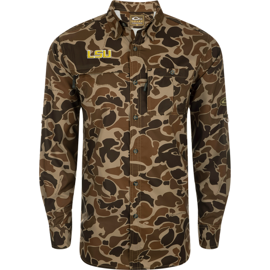 LSU 8-Shot Long Sleeve Shirt featuring duck hunter camo, embroidered LSU logo, two chest pockets, lightweight fabric, UPF 30 sun protection, and vented cape back.