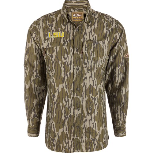 LSU 8-Shot Long Sleeve Shirt with camo pattern, featuring LSU patch, vented cape back, and dual chest pockets, ideal for outdoor activities.