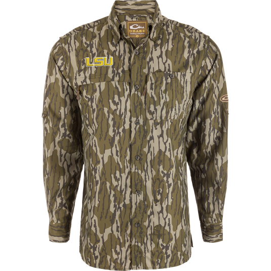 LSU 8-Shot Long Sleeve Shirt with camo pattern, featuring LSU patch, vented cape back, and dual chest pockets, ideal for outdoor activities.