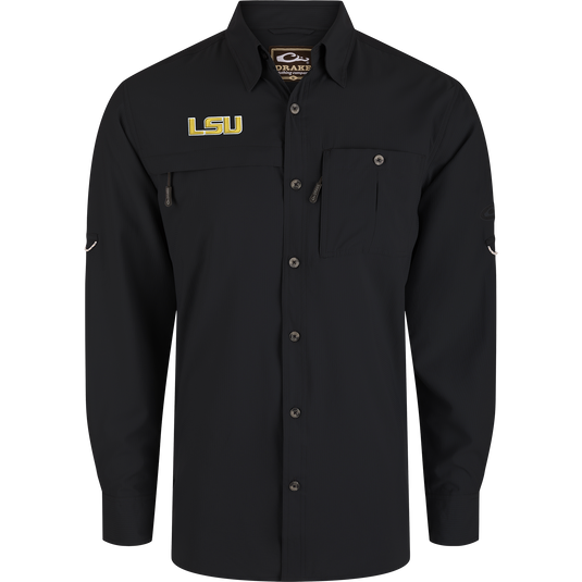 LSU 8-Shot Long Sleeve Shirt with LSU logo, featuring snap pockets, hidden zippers, vented back. Ideal for outdoor activities with moisture-wicking and sun protection.