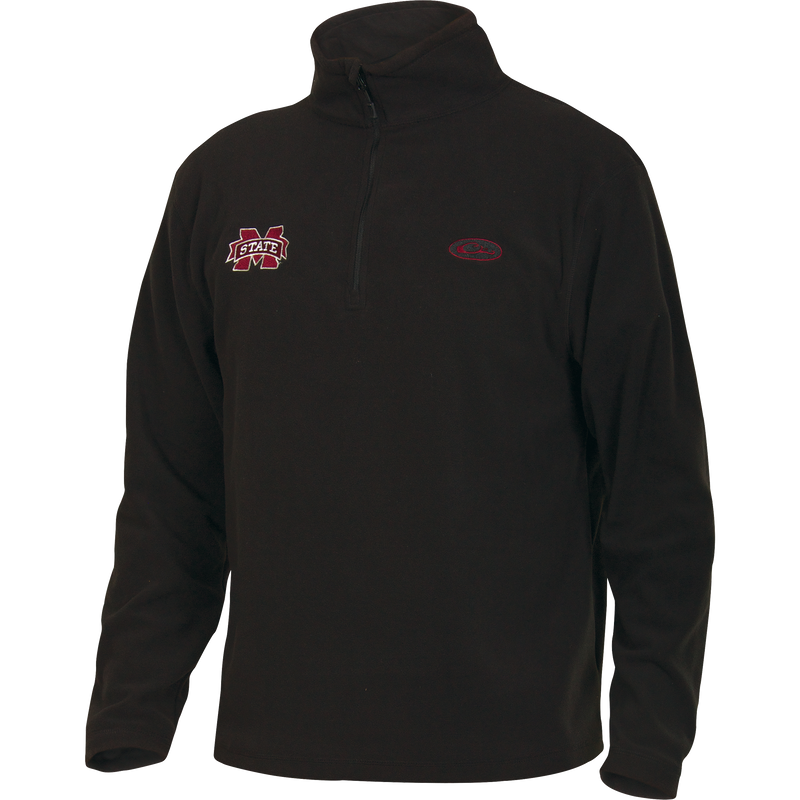 Mississippi State Camp Fleece 1/4 Zip Pullover with embroidered logo, featuring anti-pill micro-fleece and moisture-wicking properties, ideal for layering in cool weather.