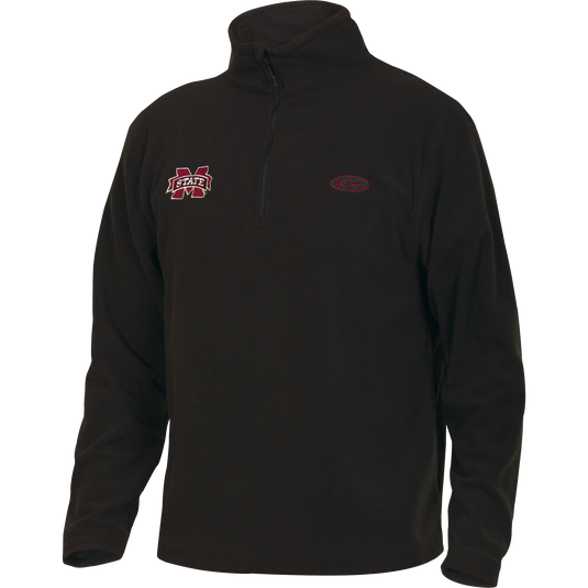 Mississippi State Camp Fleece 1/4 Zip Pullover with embroidered logo, featuring anti-pill micro-fleece and moisture-wicking properties, ideal for layering in cool weather.