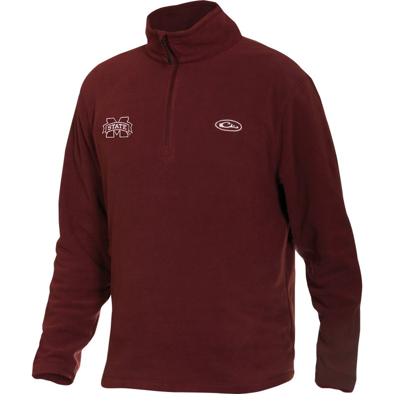 Mississippi State Camp Fleece 1/4 Zip Pullover with embroidered logo, featuring anti-pill micro-fleece for durability and moisture wicking, ideal for cool fall days.