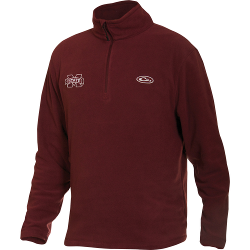 Mississippi State Camp Fleece 1/4 Zip Pullover with embroidered logo, featuring anti-pill micro-fleece for durability and moisture wicking, ideal for cool fall days.