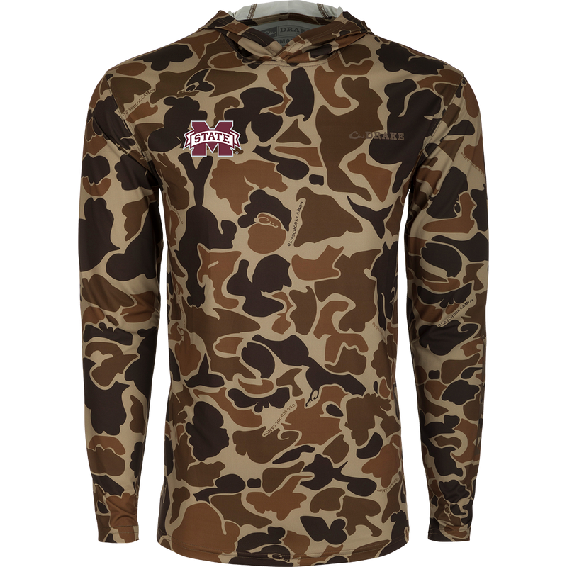 Mississippi State Performance Long Sleeve Camo Hoodie, a versatile lightweight shirt with logo, built-in cooling, UPF 50 sun protection, and moisture-wicking properties.