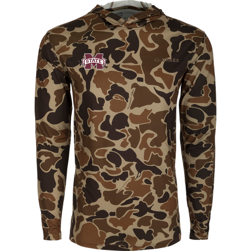 Mississippi State Performance Long Sleeve Camo Hoodie, a versatile lightweight shirt with logo, built-in cooling, UPF 50 sun protection, and moisture-wicking properties.