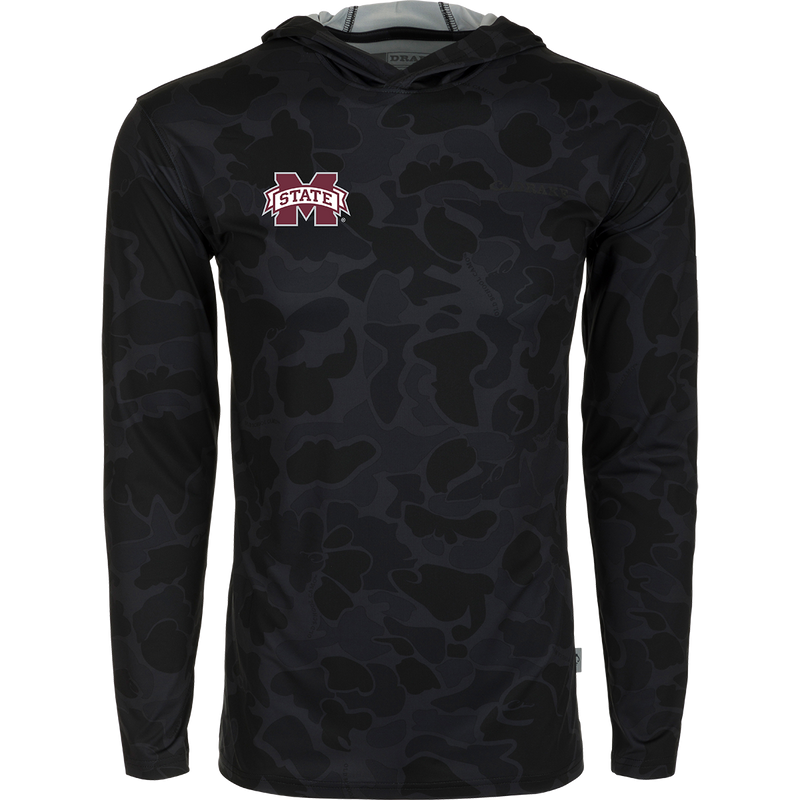 Mississippi State Performance Camo Hoodie with logo, built-in cooling, UPF 50, moisture-wicking, breathable stretch, and quick-drying features. Lightweight and versatile.