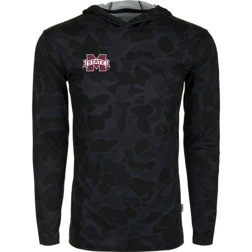 Mississippi State Performance Camo Hoodie with logo, built-in cooling, UPF 50, moisture-wicking, breathable stretch, and quick-drying features. Lightweight and versatile.