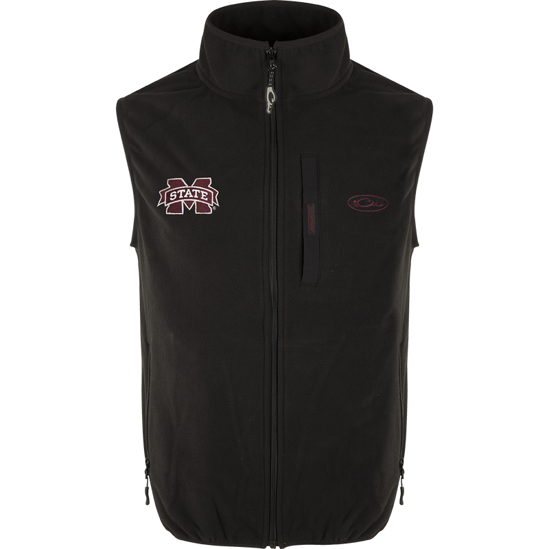 Mississippi State Camp Fleece Vest with windproof barrier and logo embroidery. Stand-up collar, Magnattach™ pocket, and hand warmer pockets.