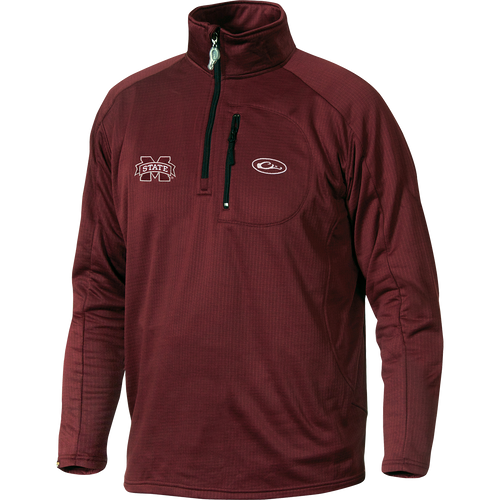 A close-up of the Mississippi State Breathelite 1/4 Zip jacket, featuring the logo embroidery on the right chest. Constructed with 100% polyester and four-way stretch micro-fleece for ultralight insulation and moisture management. Includes a vertical front chest zippered pocket. Ideal for active outdoorsmen in cool weather.