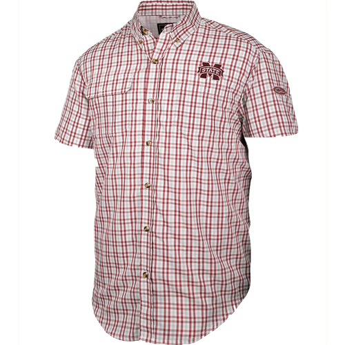 Mississippi State Gingham Plaid Wingshooter's Shirt S/S with vented mesh back and large chest pocket, ideal for game day comfort and style.