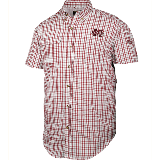 Mississippi State Gingham Plaid Wingshooter's Shirt S/S with vented mesh back and large chest pocket, ideal for game day comfort and style.