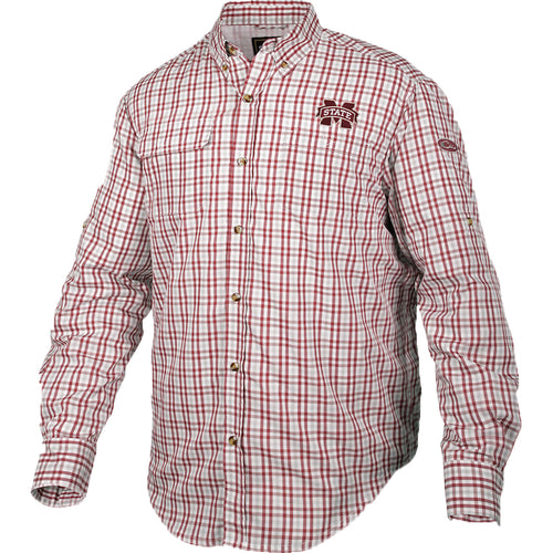 Mississippi State Gingham Plaid Wingshooter's Shirt L/S features a long-sleeved plaid design with front and back heat vents, mesh back, and large chest pockets.