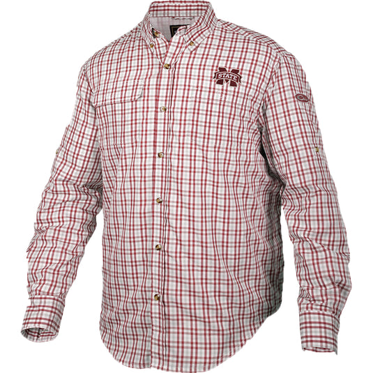 Mississippi State Gingham Plaid Wingshooter's Shirt L/S features a long-sleeved plaid design with front and back heat vents, mesh back, and large chest pockets.