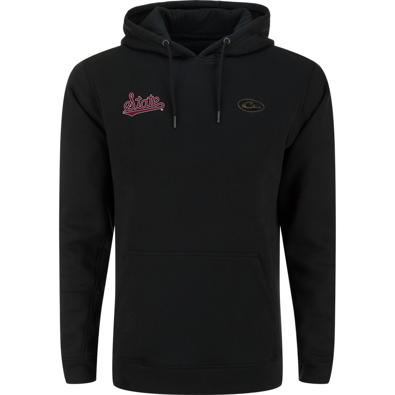 Mississippi State Three End Hoodie: Black pullover with maroon State logo, oval emblem, kangaroo pocket, and drawstring hood; made with stretchable BCI cotton-polyester blend.