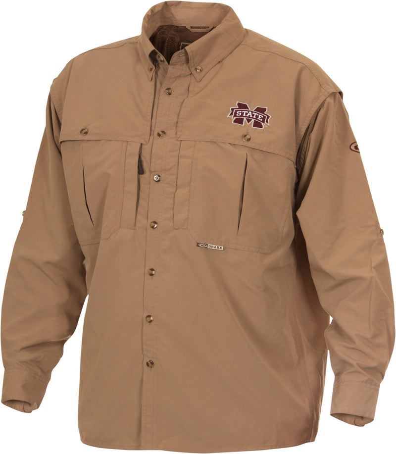 Mississippi State Wingshooter's Shirt L/S with logo, featuring oversized chest pockets, zipper pocket, Magnattach™ pocket, and ventilation for breathability and moisture management.
