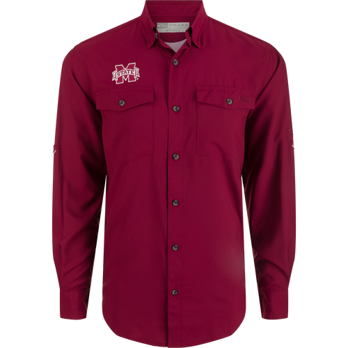 Mississippi State Frat Dobby Shirt with hidden collar and button-down pockets, featuring UPF30 sun protection and moisture-wicking fabric.