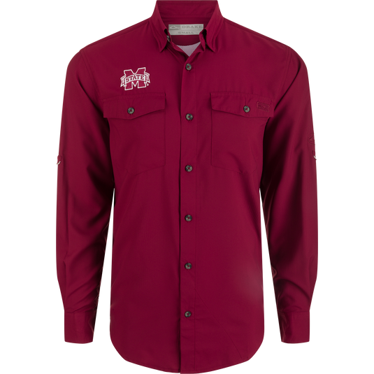 Mississippi State Frat Dobby Shirt with hidden collar and button-down pockets, featuring UPF30 sun protection and moisture-wicking fabric.
