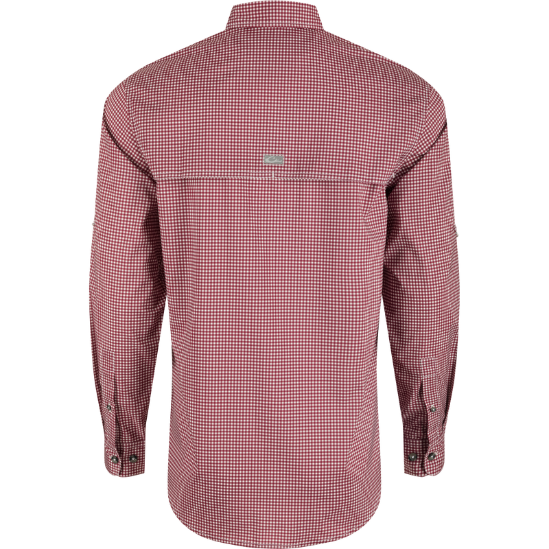 Mississippi State Frat Gingham Shirt with hidden collar, chest pockets, and adjustable sleeves. Lightweight, stretchy, and moisture-wicking.