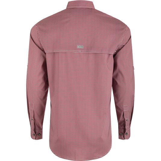Mississippi State Frat Gingham Shirt with hidden collar, chest pockets, and adjustable sleeves. Lightweight, stretchy, and moisture-wicking.