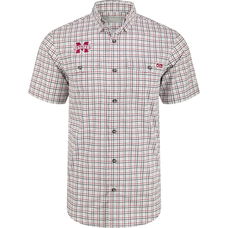 A close-up of the Mississippi State Frat Tattersall shirt with hidden button-down collar, vented cape back, and two chest pockets.