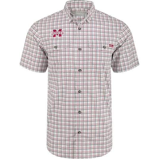 A close-up of the Mississippi State Frat Tattersall shirt with hidden button-down collar, vented cape back, and two chest pockets.