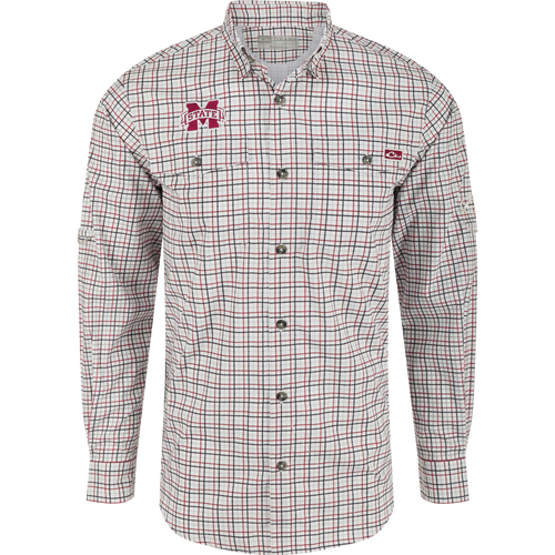Mississippi State Frat Tattersall Long Sleeve Shirt with logo, hidden collar, chest pockets, and adjustable sleeves.