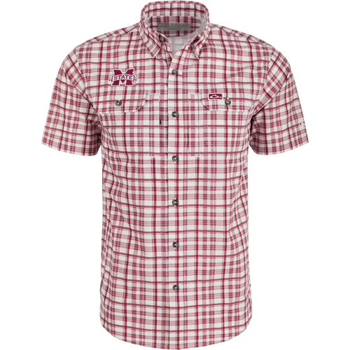 Mississippi State Hunter Creek Plaid Shirt with hidden collar, chest pockets, and vented back. Lightweight, moisture-wicking, and UPF 30 protection.