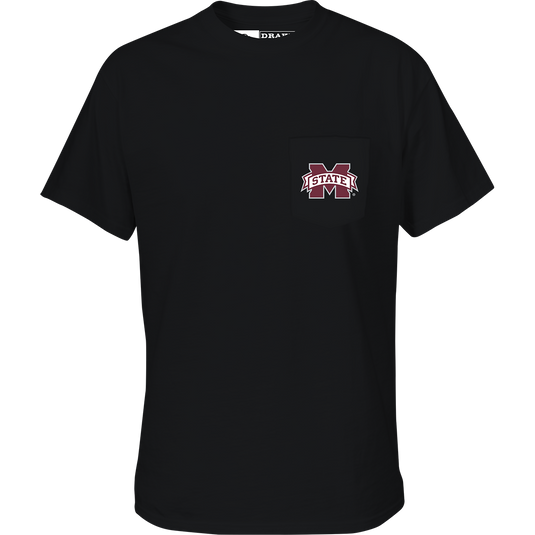 Mississippi State Black Lab T-Shirt with school logo on chest pocket and black lab head scene on back. Purewhitelaneshop signature casual apparel.