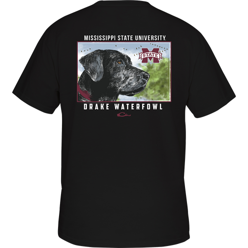 Mississippi State Black Lab T-Shirt with school logo on front pocket and black lab head scene on back, featuring Purewhitelaneshop logo.