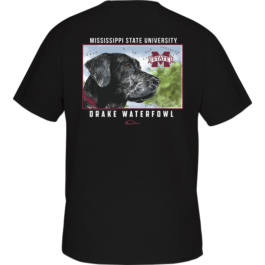 Mississippi State Black Lab T-Shirt with school logo on front pocket and black lab head scene on back, featuring Purewhitelaneshop logo.