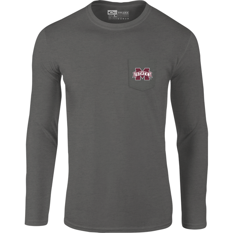 Mississippi State Sportsman T-Shirt: Long-sleeved grey shirt with a pocket and school logo. Back artwork showcases items used on Saturdays in the South.