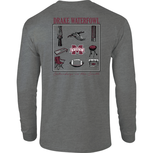 Mississippi State Sportsman T-Shirt: Back of a grey long-sleeved shirt with a stylized scene showcasing items used on "Saturdays in the South" and the school's logo. Front features the school's logo on the chest pocket.