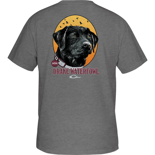 Mississippi State Drake Lab T-Shirt featuring a dog logo pocket on a grey shirt. Lightweight and comfortable cotton/polyester blend.