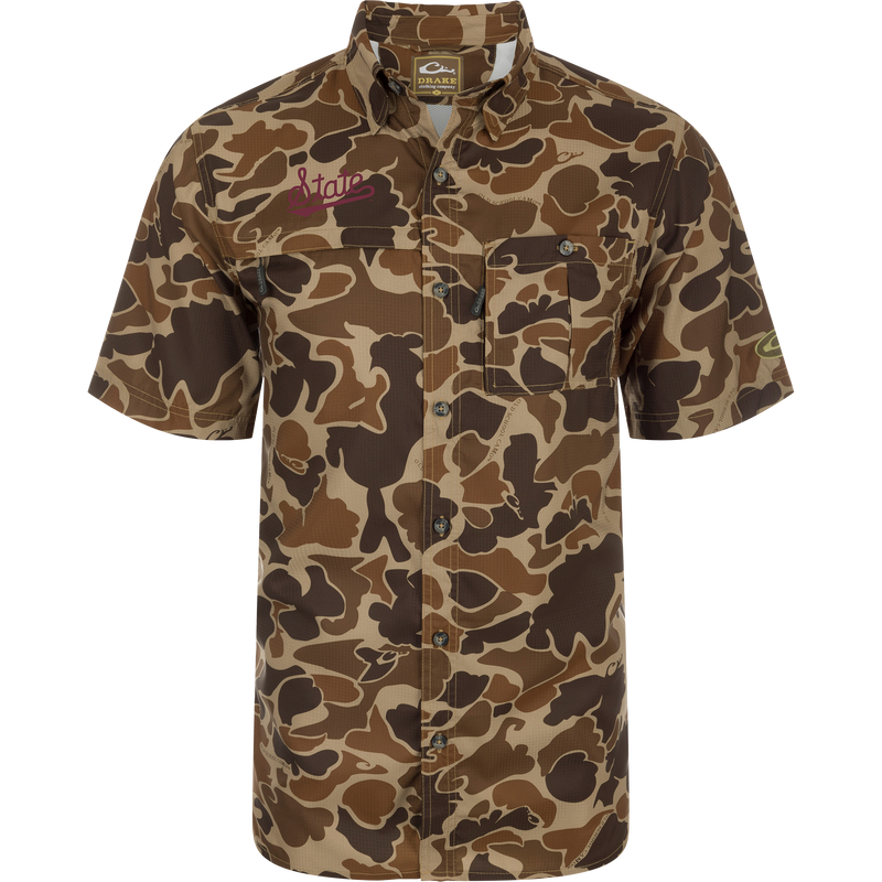 Mississippi State 8-Shot Short Sleeve Shirt with camo pattern, featuring chest pockets, vented cape back, and hidden zippers for functionality.