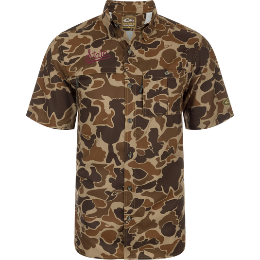 Mississippi State 8-Shot Short Sleeve Shirt with camo pattern, featuring chest pockets, vented cape back, and hidden zippers for functionality.