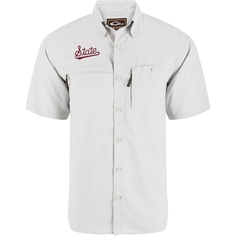 Mississippi State 8-Shot Short Sleeve Shirt with two chest pockets, including a zippered one, embroidered State on left chest, ideal for active outdoor use.