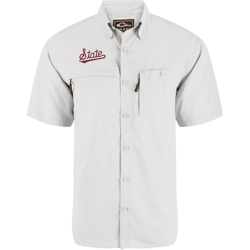 Mississippi State 8-Shot Short Sleeve Shirt with two chest pockets, including a zippered one, embroidered State on left chest, ideal for active outdoor use.
