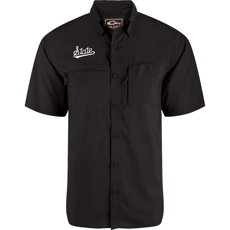 Mississippi State 8-Shot Short Sleeve Shirt with button-up front, two chest pockets, and embroidered State logo, ideal for outdoor activities with technical features.