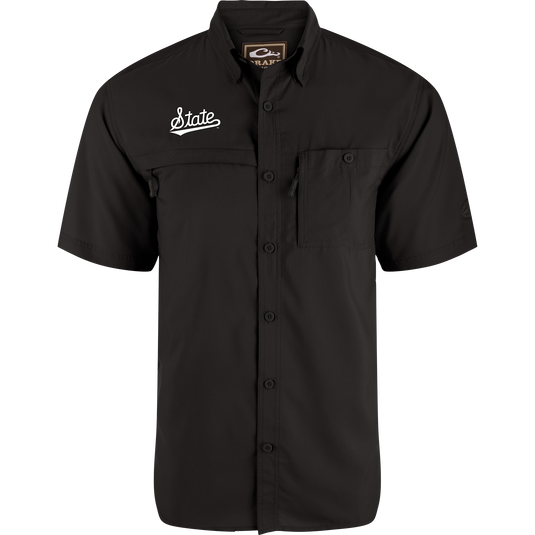 Mississippi State 8-Shot Short Sleeve Shirt with button-up front, two chest pockets, and embroidered State logo, ideal for outdoor activities with technical features.