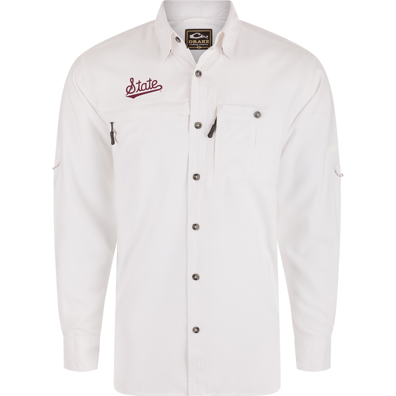 Mississippi State 8-Shot Long Sleeve Shirt with State logo, vented cape back, zip and button pockets, and metal-tone snaps, designed for performance and sun protection.