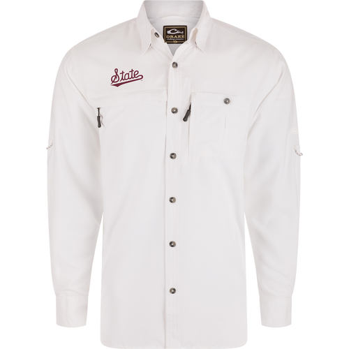 Mississippi State 8-Shot Long Sleeve Shirt with State logo, vented cape back, zip and button pockets, and metal-tone snaps, designed for performance and sun protection.