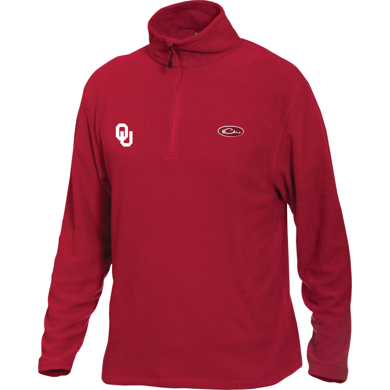 Oklahoma Camp Fleece 1/4 Zip Pullover featuring University of Oklahoma logo embroidery, ideal for cool fall days with anti-pill and moisture-wicking micro-fleece.