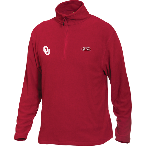 Oklahoma Camp Fleece 1/4 Zip Pullover featuring University of Oklahoma logo embroidery, ideal for cool fall days with anti-pill and moisture-wicking micro-fleece.