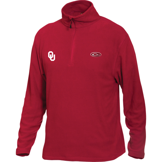 Oklahoma Camp Fleece 1/4 Zip Pullover featuring University of Oklahoma logo embroidery, ideal for cool fall days with anti-pill and moisture-wicking micro-fleece.