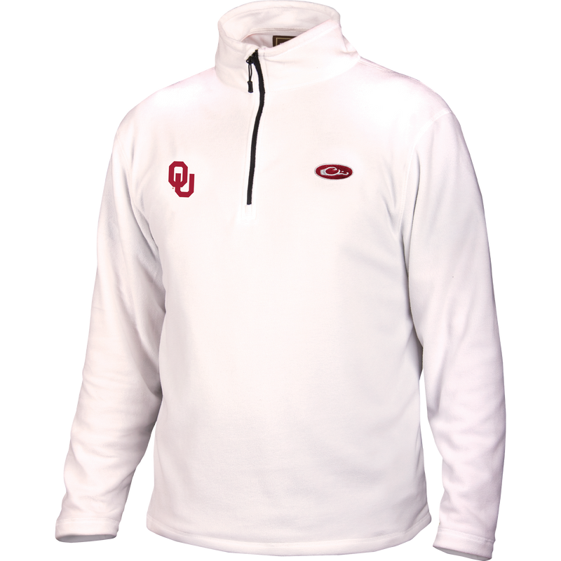 Oklahoma Camp Fleece 1/4 Zip Pullover with University of Oklahoma logo, featuring a black zipper and anti-pill micro-fleece, ideal for cool fall days.
