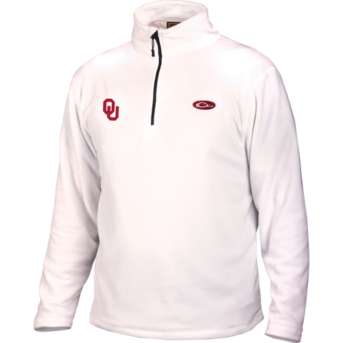 Oklahoma Camp Fleece 1/4 Zip Pullover with University of Oklahoma logo, featuring a black zipper and anti-pill micro-fleece, ideal for cool fall days.
