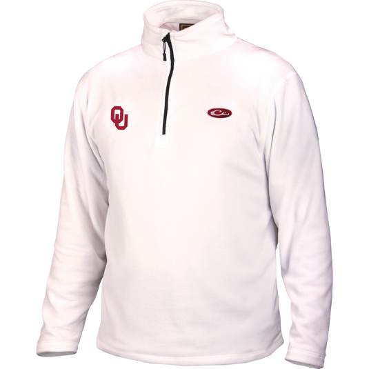 Oklahoma Camp Fleece 1/4 Zip Pullover with University of Oklahoma logo, featuring a black zipper and anti-pill micro-fleece, ideal for cool fall days.